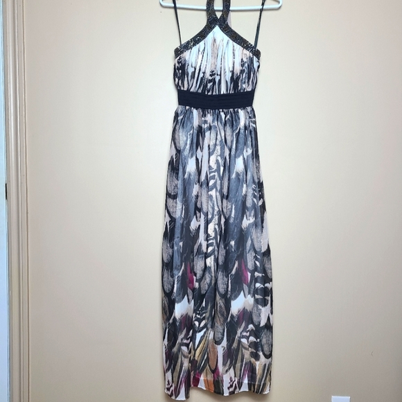 Little Mistress London Women's White & Brown Feather Halter Maxi Dress - Picture 1 of 16